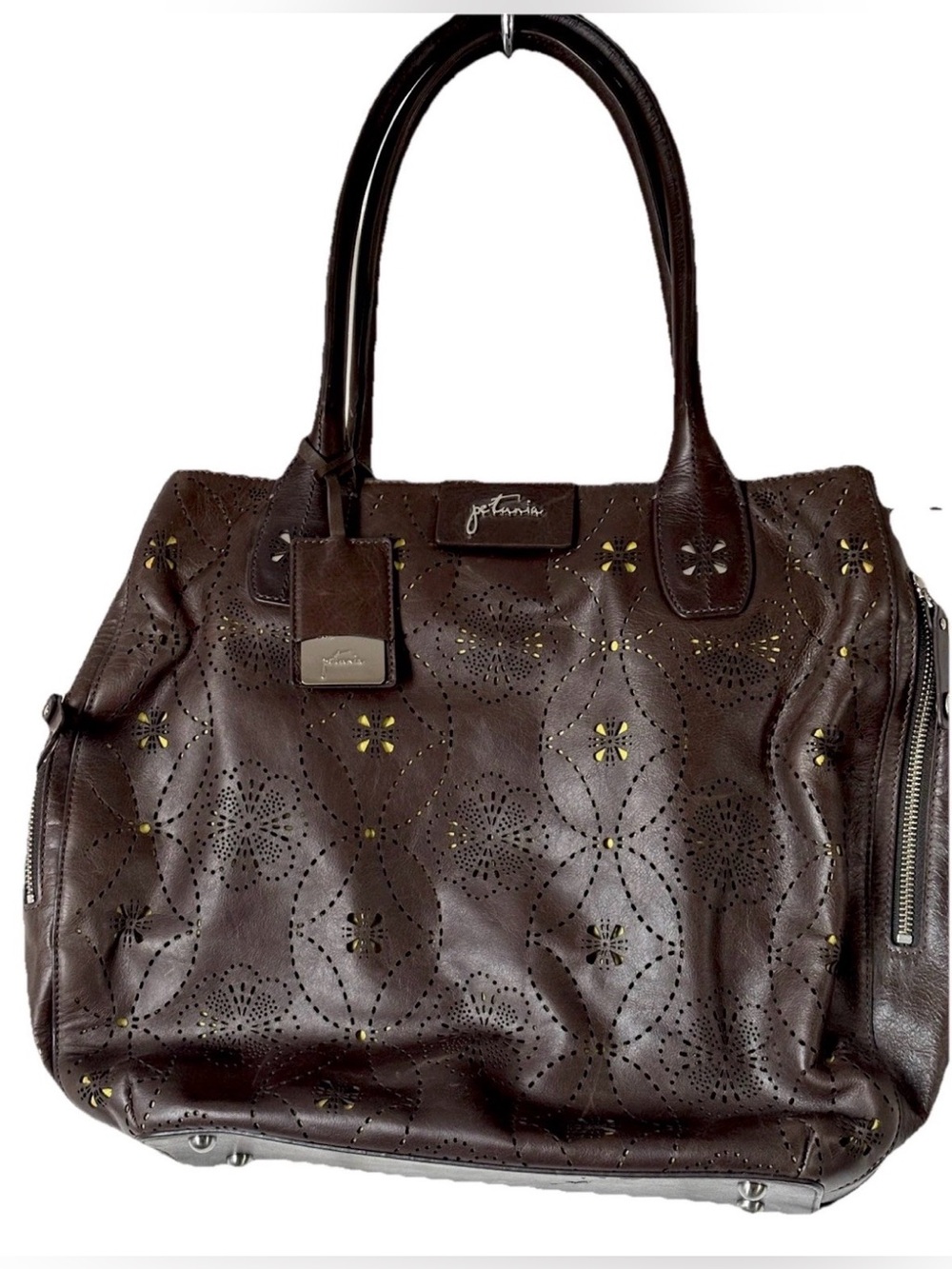 Petunia Pickle Bottom Brown Pierced Leather Floral Lime Lining Diaper Bag Tote